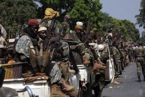 Soldiers from the Chadian contingent of the Central African Multinational Force patrol in Damara