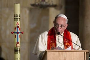 Pope Francis talks during a meeting at the Church of Gethsemane in Jerusalem